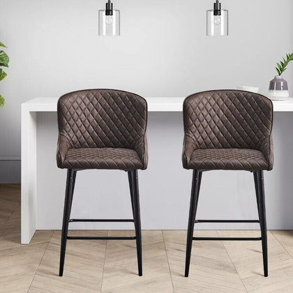2 Pcs Bar Stools Faux Leather Diamond Seat Dining Room Chairs Metal Legs Chairs