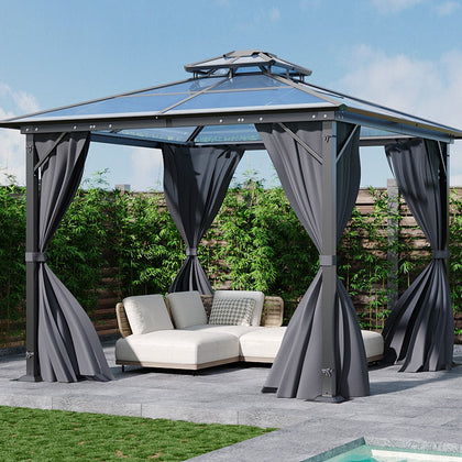 3x3.6m Dual-Roof Iron-Aluminum Gazebo w/Netting&Curtains Shelter Outdoor Pergola