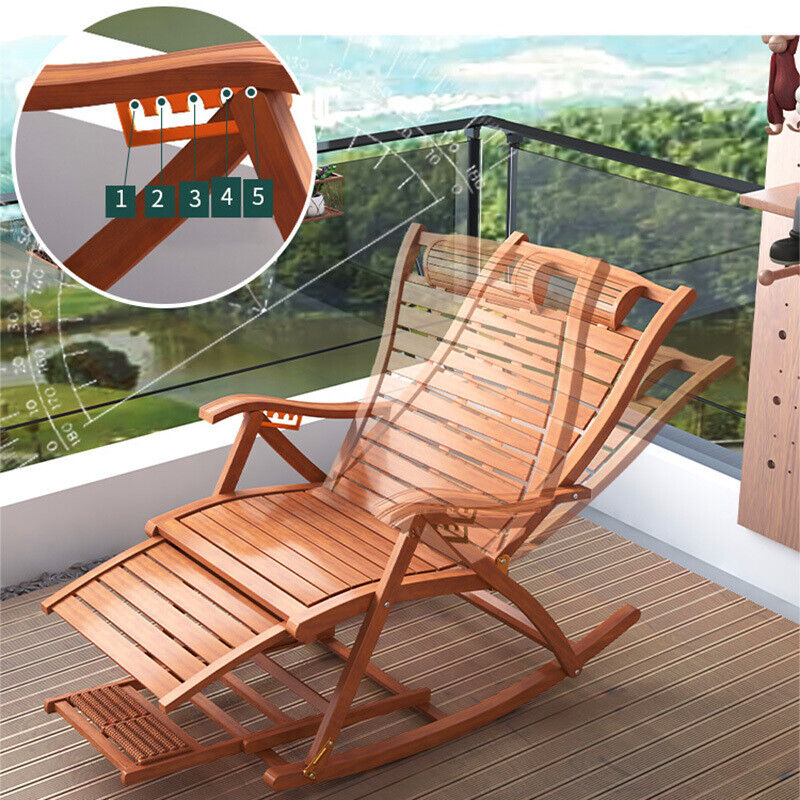 BambooWood Deck Rocking Chair Patio Garden Outdoor Sun Lounger Reclini ...