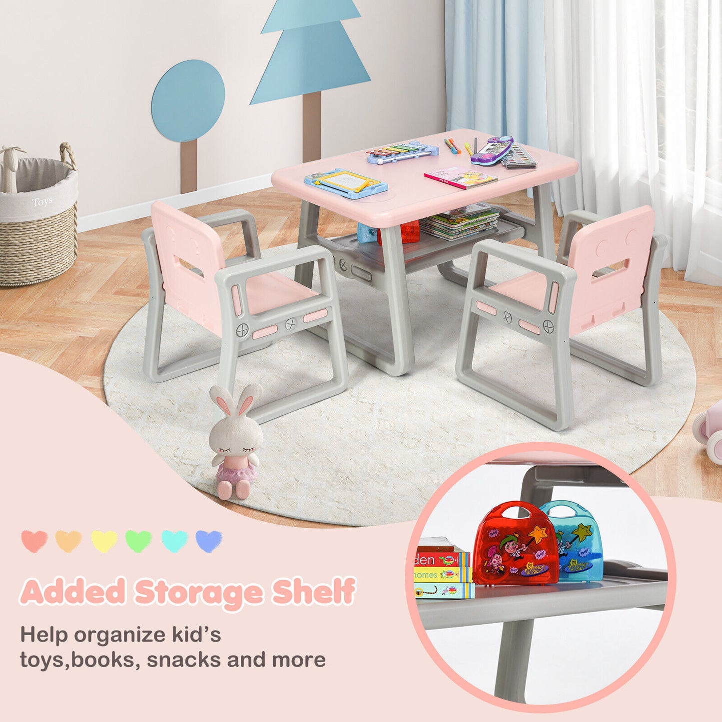 Children Table and 2 Chairs Set Toddlers Learning Activity Play Desk w/Storage