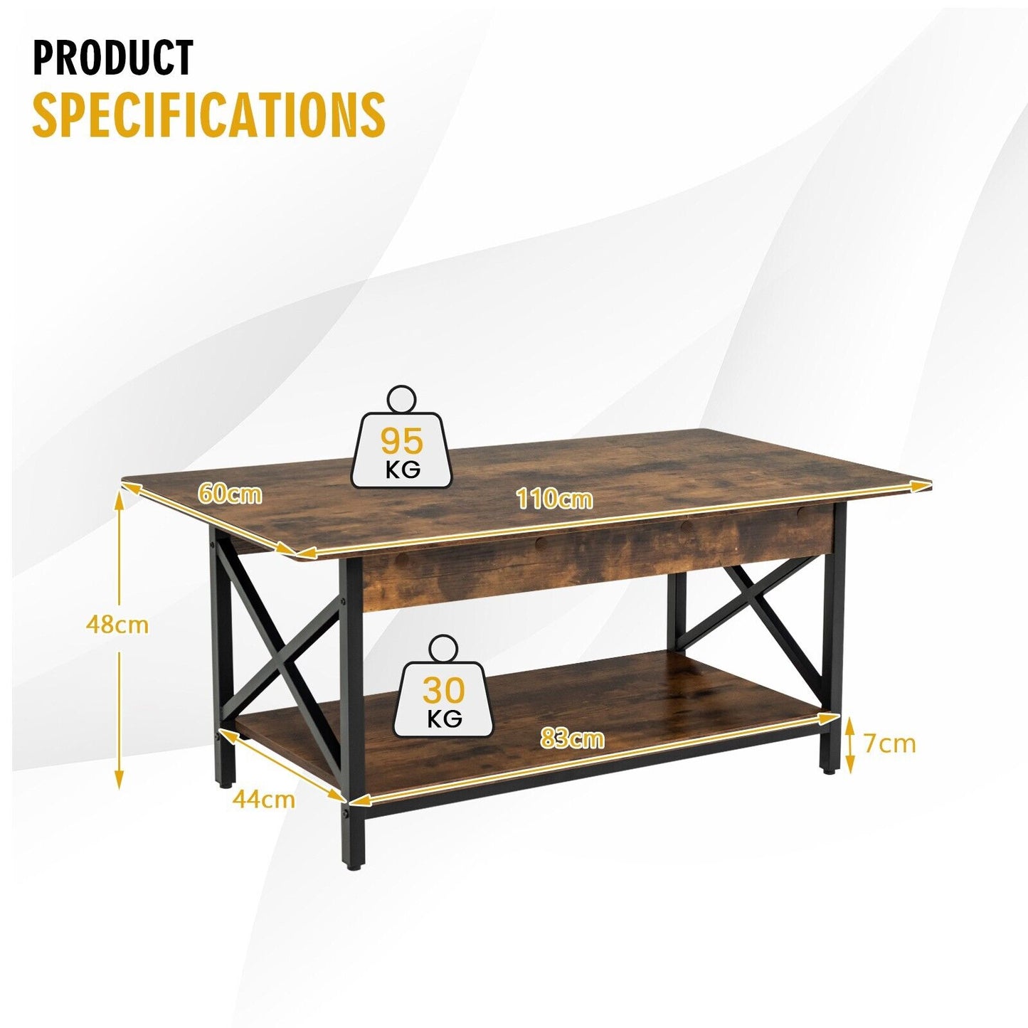 2-Tier Industrial Coffee Table Home Cocktail Tea Side Table with Storage Shelf