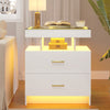 Bedside Table with Charging Station, High Gloss Nigtstand with LED Lights