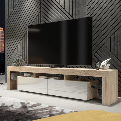200cm I Modern TV Unit I Cabinet with Storage I Oak I High Gloss White Doors