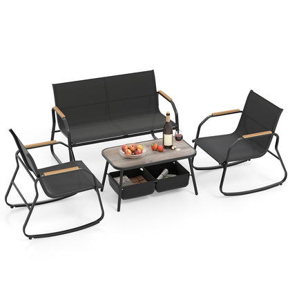 4 Pieces Patio Furniture Set with 2 Rocking Bistro Chairs-Black