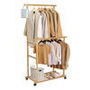 Natural Bamboo Clothes Rack Thicken Double Rod Rolling Garment Organizer w/Wheel