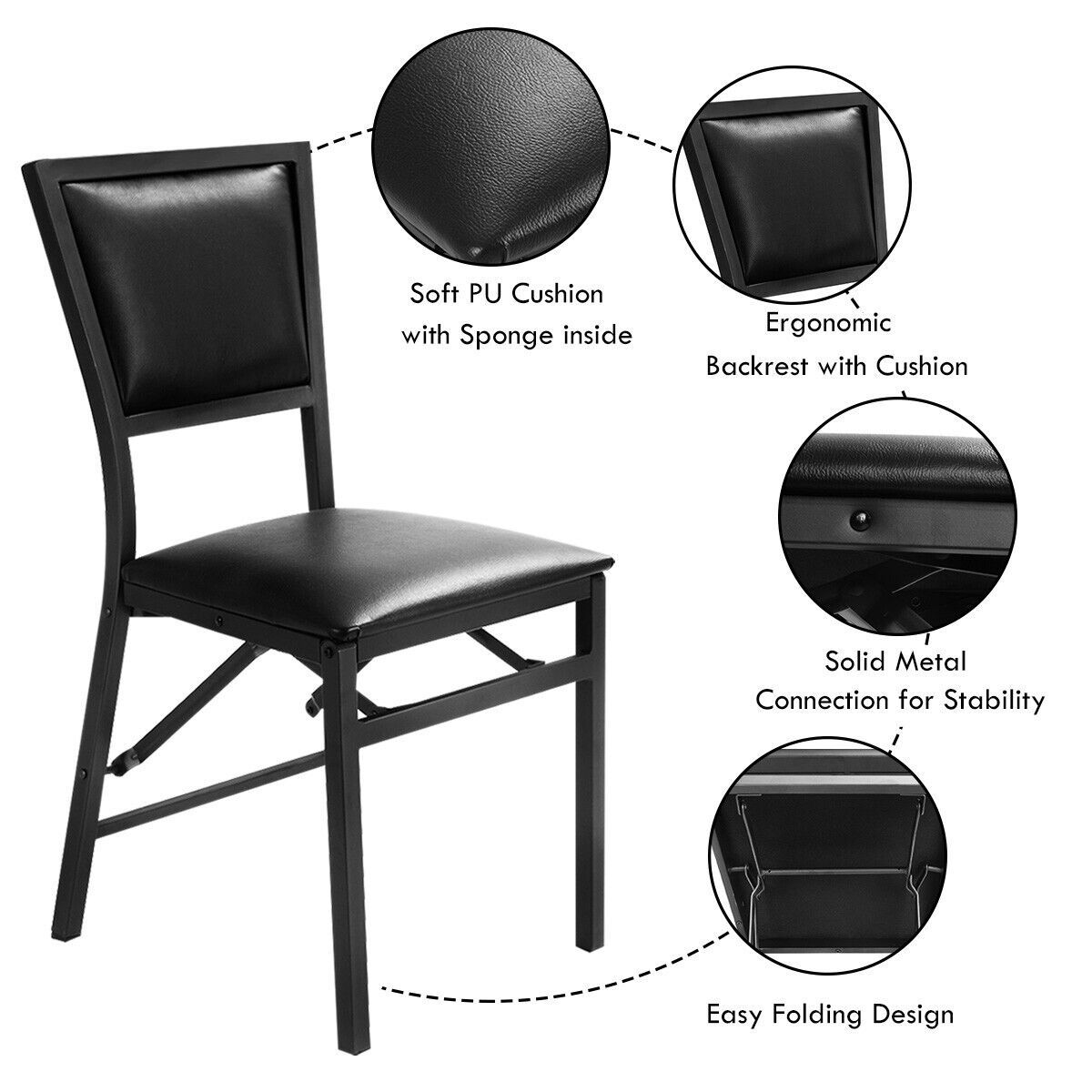 Set of 2 Padded Folding Chair Metal Frame Counter Height Dining Chairs