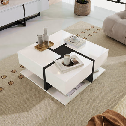 Modern Coffee Table With 4 Hidden Drawers Wooden Living Room Furniture, White