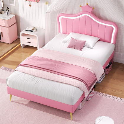 3ft Single Upholstered Bed Frame with LED Adjustable Headboard, Wood Slats, Pink