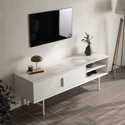 140cm TV Stand Cabinet Wooden Frame 2 Door Entertainment Unit w/ Metal Legs