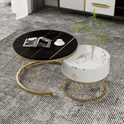 Marble Look Nesting Coffee Table with 1 drawer, Black and White