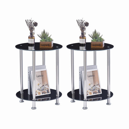 2pcs Round Black Tempered Glass Sofa Side End Table Bedside Table with Storage