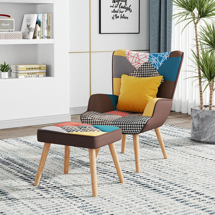 Modern Fabric Accent Chair with Ottoman Set Comfy High Back Armchair Home Office