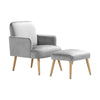 Single Sofa Armchair with Footstool Velvet Lounge Chair Cushion Seat Wooden Legs
