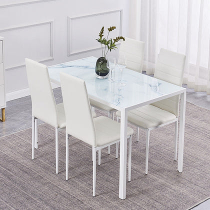 4x White Faux Leather Dining Chairs & White Marble Glass Dining Table Dining Set