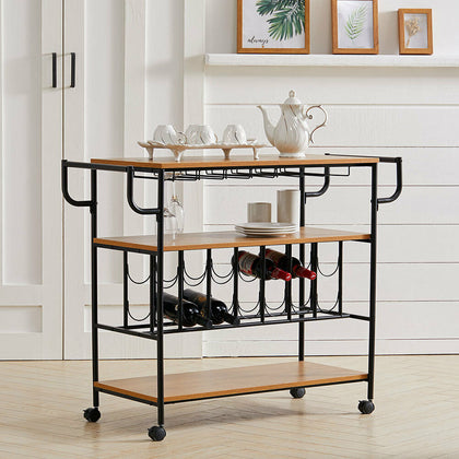 3 Tier Metal Frame Wood Top Storage Rack Kitchen Storage Dining Cart UK
