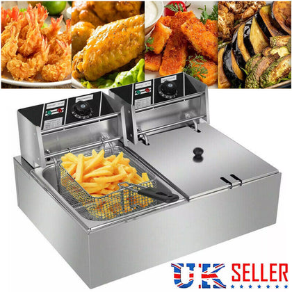 20L 5000W Commercial Electric Deep Fryer Fat Chip Twin Dual Tank Stainless Steel