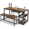 3PCS Dining Table Set Kitchen Table & 2 Benches W/ Storage Shelf Wine Rack