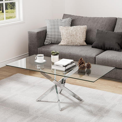 Modern Chrome Metal and Tempered Glass Side Living Room Coffee Table Tea Desk