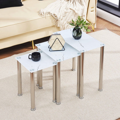 3x White Marble Tempered Glass Side End Table Nested Table Stainless Steel Tubes
