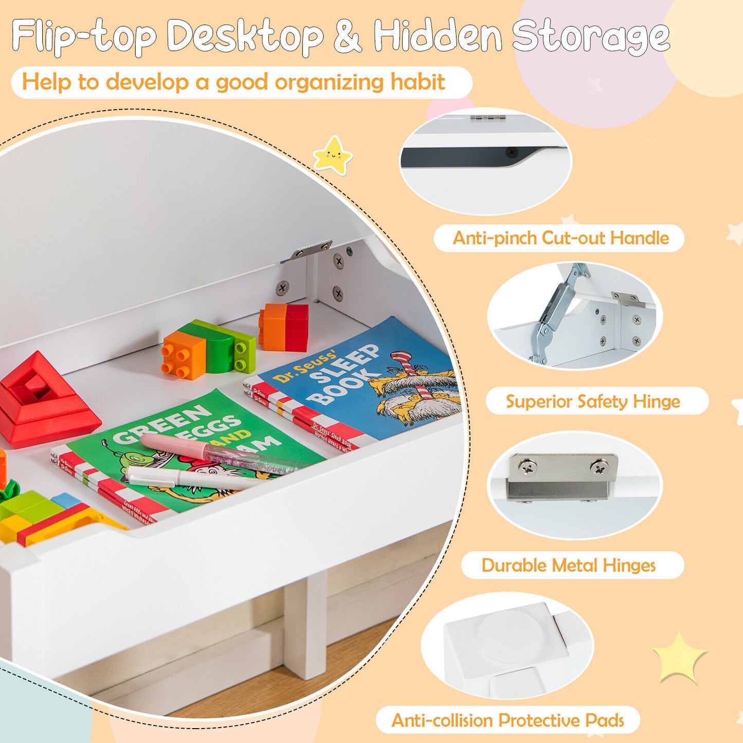Kids Art Table Set Children Wooden Lift-Top Craft Desk & Chair w/Markers