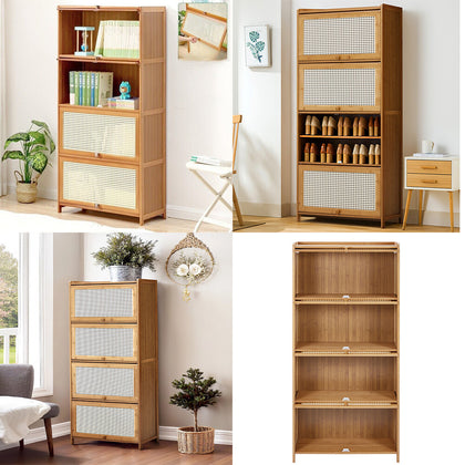 4 Tier Bamboo Rattan Storage Cabinet with 4 Sliding Mesh Doors Kitchen Organizer
