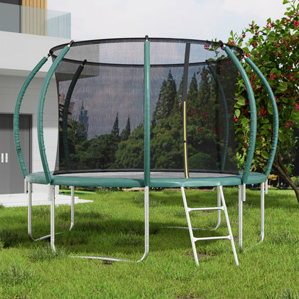 12FT Trampoline with Safety Net, Enclosure, Ladder Pumpkin Base Outdoor Jump Bed