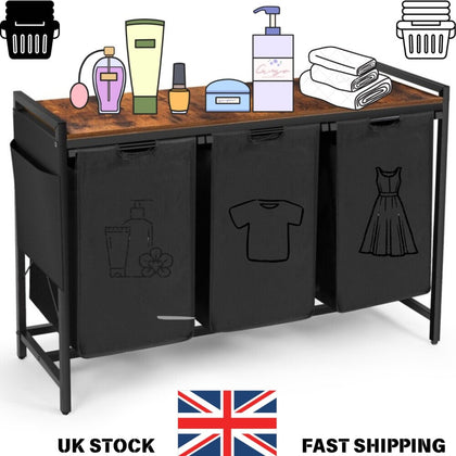 3 Compartment Black Steel MDF Laundry Basket with Removable Bags Organizer