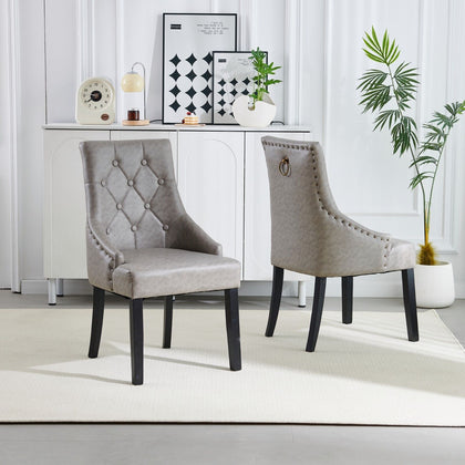 2x Grey PU Leather Dining Chairs Button-Tufted Upholstered with Rivets Ring Pull