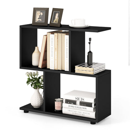 2-Tier Irregular Bookshelf Freestanding Wooden Display Shelf w/Compartment Black