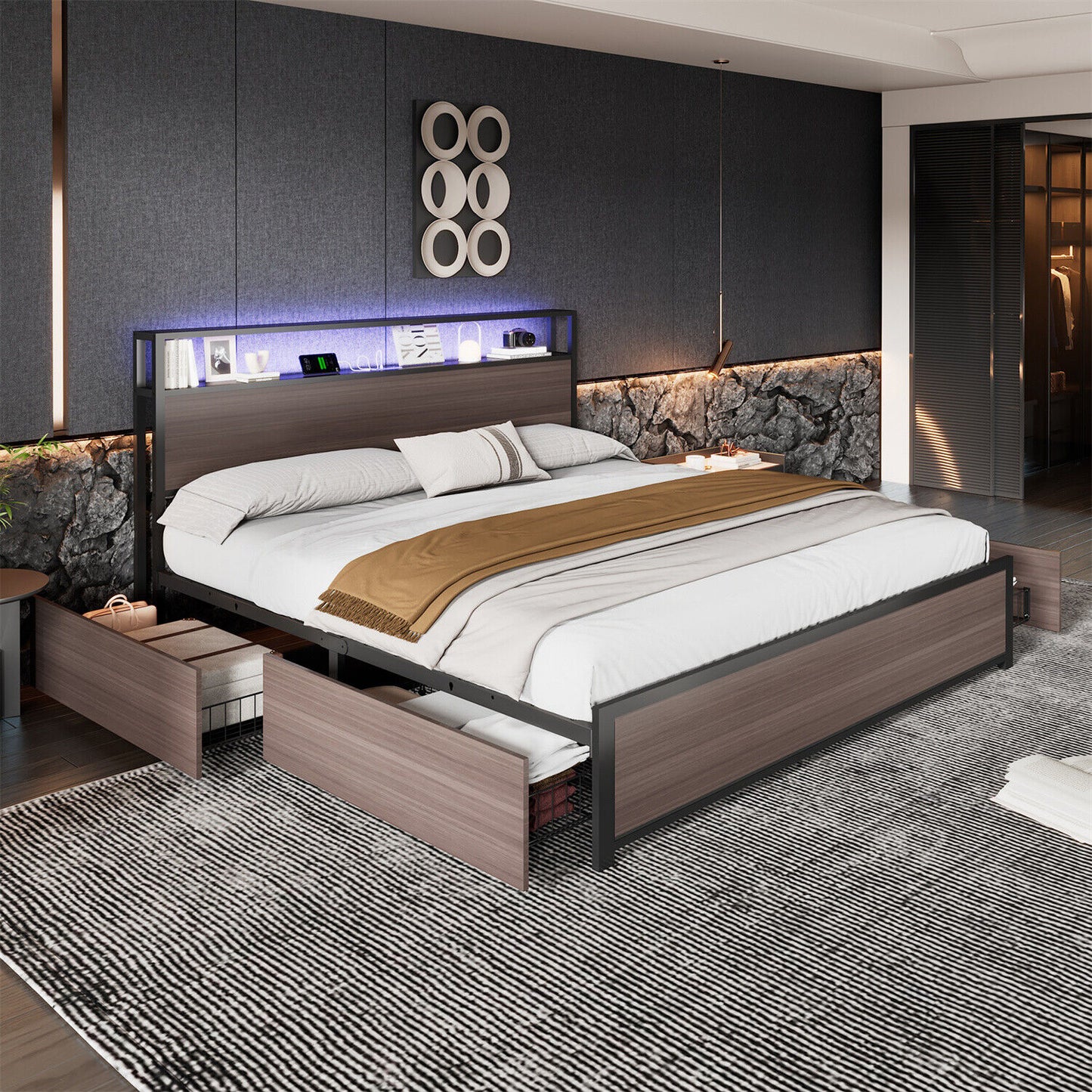 Double Bed Frame with LED Lights, 4 Drawers, Charging Station Metal Platform Bed