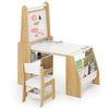 Kids Study Table Set with Chair Easel Whiteboard Paper Roll Storage Natural