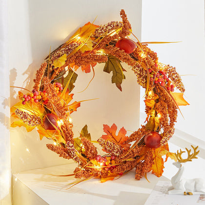 50cm Autumn Maple Leaf Garland Fall Wheat Harvest Wreath Front Door Hanging LED