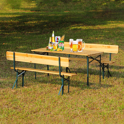 3Pcs Wood Folding Picnic Beer Table Bench Set Outdoor Patio Wood Furniture Set