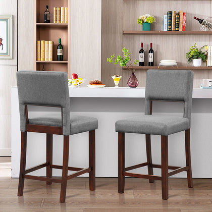2 Pcs Linen Counter Height Bar Stool Chair Set w/ Hollowed Back Rubber Wood Legs
