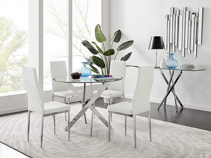 90cm Cross Round Glass Dining Table and 2/4 PU Leather Padded White Chairs Set