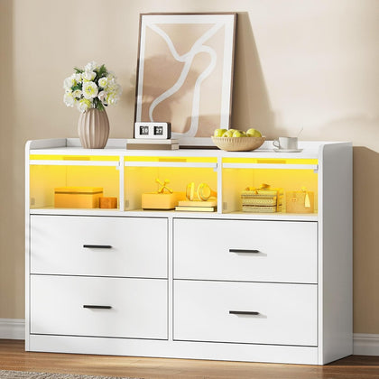 7-Drawer Chest with RGB LED Lights, White Bedroom Storage Cabinet