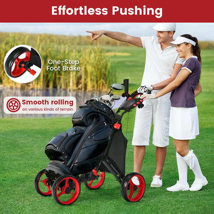 4-wheel Golf Trolley Push and Pull Golf Trolley with Scoreboard Bag-Red