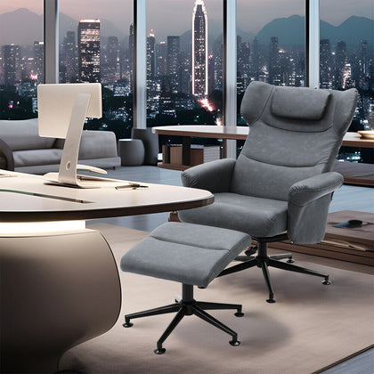 Manual Adjust Executive Leather Recliner Chair With Swivel Base &Footstool Set