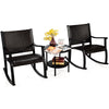 3 Pieces Garden Wicker Furniture Outdoor Rocking Chairs w/Tempered Glass Table