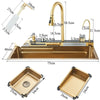Gold LED Stainless Steel Kitchen Sink Set Single Large Bowl Inset Waterfall Tap