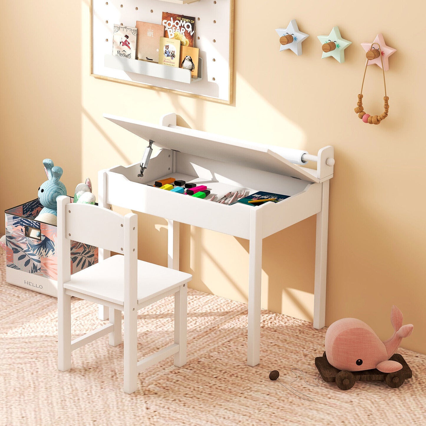 Kids Art Table Set Children Wooden Lift-Top Craft Desk & Chair w/Markers