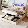 Upholstered Ottoman Storage Bed, 4ft6 Double Bed Frame with LED & USB, Beige