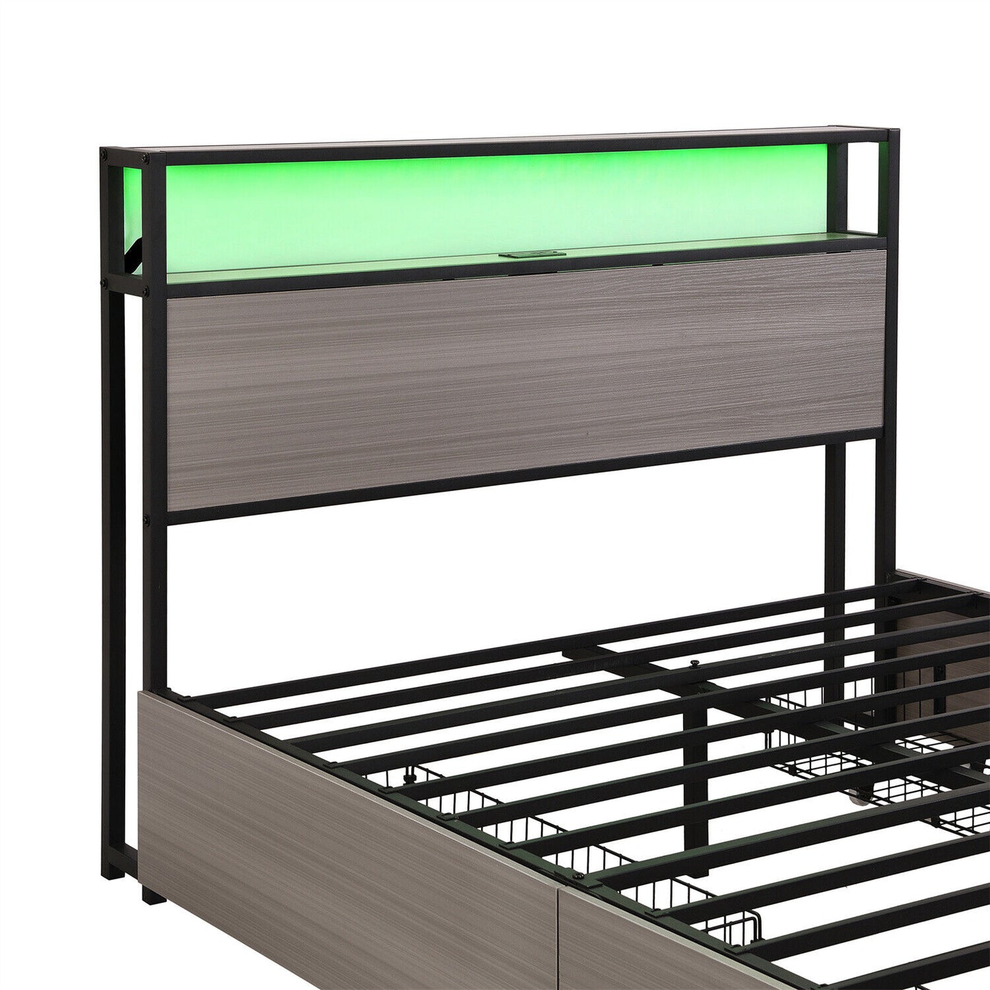 Double Bed Frame with LED Lights, 4 Drawers, Charging Station Metal Platform Bed