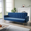 Modern Luxury Velvet Sofa Bed Blue 3 Seater Nonwoven Contrast Gold Metal Legs