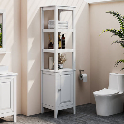150cm White Tall Bathroom Cabinet Slim Storage Cabinet w/Single Door & 3 Shelves