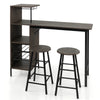 3 Piece Rustic Bar Table and Stool Set with Wine Rack & Storage Shelves, Brown