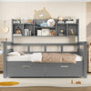 Single Wood Kids Storage Bed w/ 2 Drawers & Bookcase Headboard, Guardrail, Grey