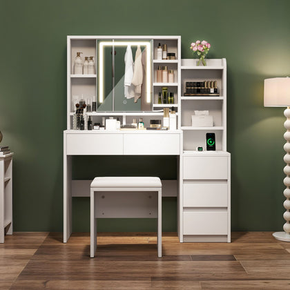 Makeup Vanity with Mirror, Stool, LED Lights, 5 Drawers, Power Outlet, White