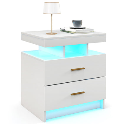 Modern End Table LED Nightstand High Gloss Bedside Table Adjustable Light Mode