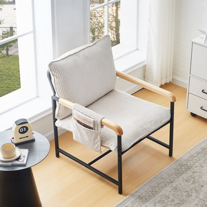 Accent Chair with Metal Frame Wide Seat Corduroy Armchair for Living Room Beige